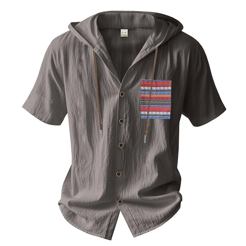 Design Hooded Button-Up Shirt Olive Green with Tribal Pocket Tops - 19