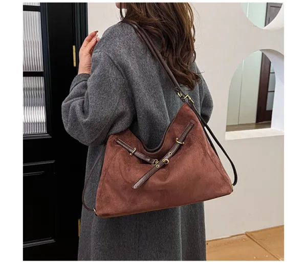 Design Suede Hobo Bag Black with Brown Leather Trim - 28