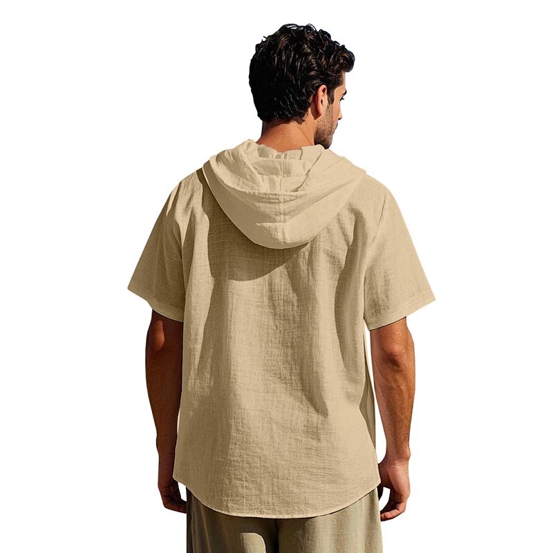 Design Hooded Button-Up Shirt Olive Green with Tribal Pocket Tops - 27