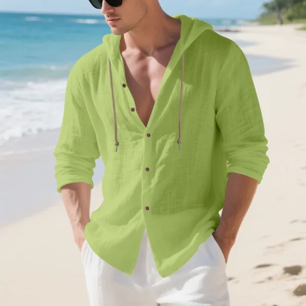 Design Hooded Linen Shirt Brown Men's Beachwear - 7