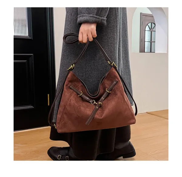 Design Suede Hobo Bag Black with Brown Leather Trim - 29