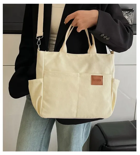 Design Canvas Tote Bag Beige Shoulder Handbag - 4