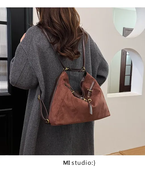 Design Suede Hobo Bag Black with Brown Leather Trim - 31