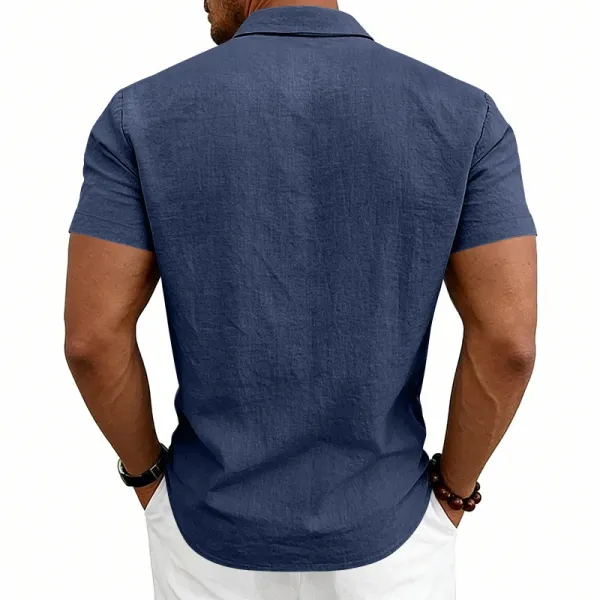 Design Short-Sleeve Linen Shirt Navy Blue Tops Shirt - 7