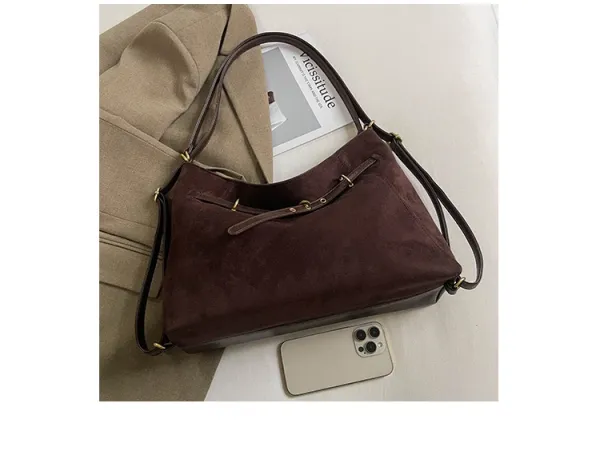 Design Suede Hobo Bag Black with Brown Leather Trim - 36