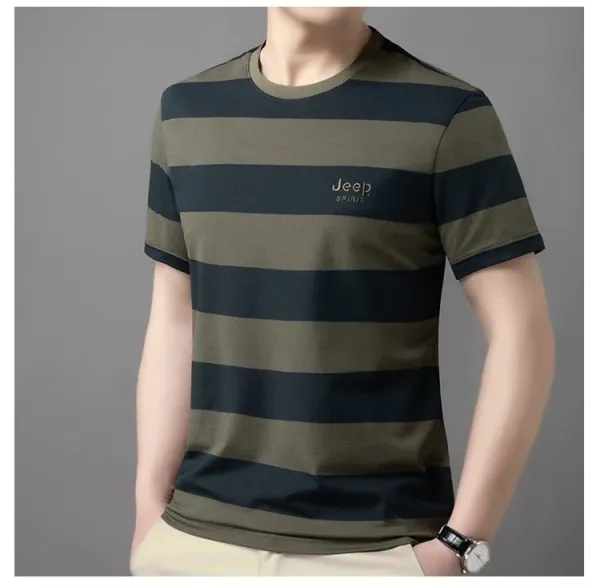 Design Jeep Spirit Striped Crew Neck T-Shirt Brown and Navy T-Shirts - 17