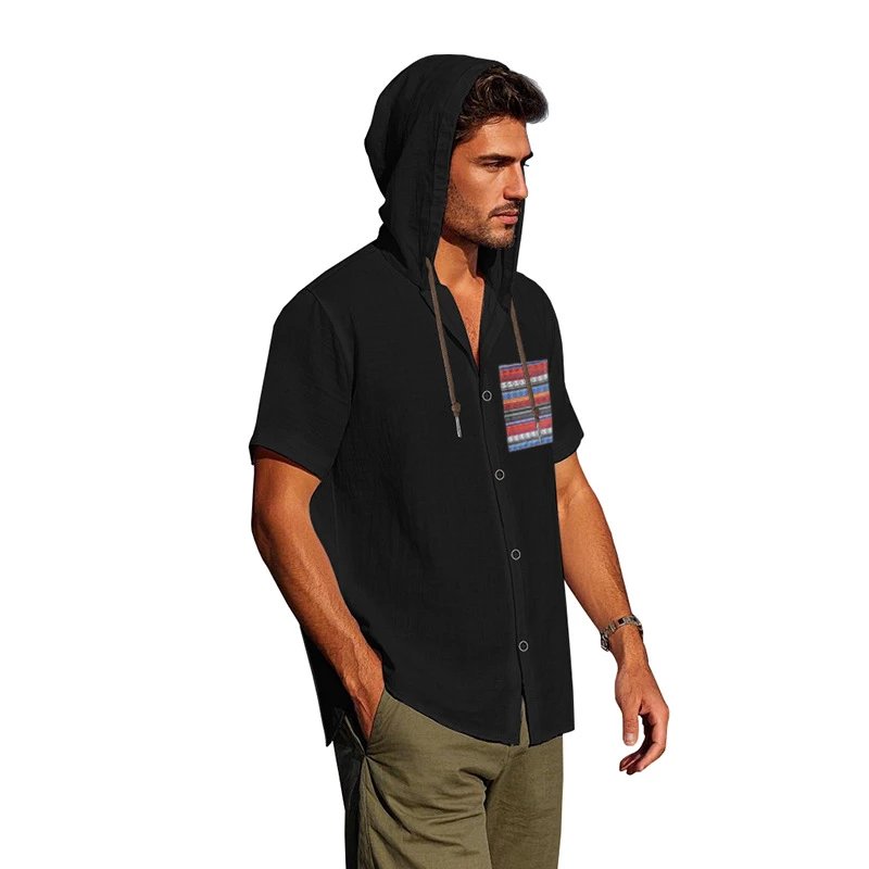 Design Hooded Button-Up Shirt Olive Green with Tribal Pocket Tops - 59