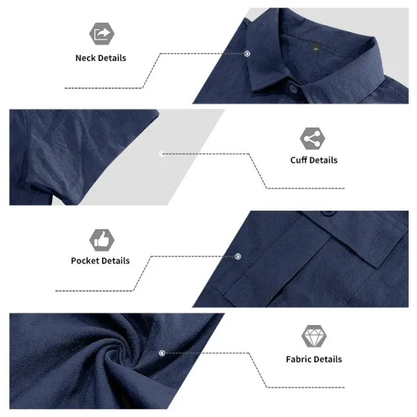 Design Short-Sleeve Linen Shirt Navy Blue Tops Shirt - 13