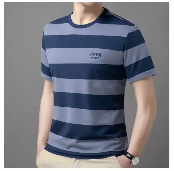 Design Jeep Spirit Striped Crew Neck T-Shirt Brown and Navy T-Shirts - 20