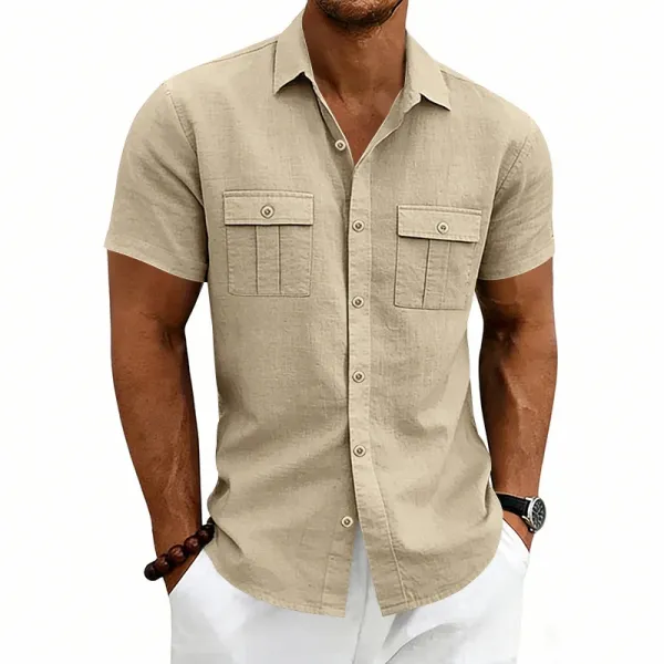 Design Short-Sleeve Linen Shirt Navy Blue Tops Shirt - 14
