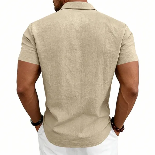 Design Short-Sleeve Linen Shirt Navy Blue Tops Shirt - 17