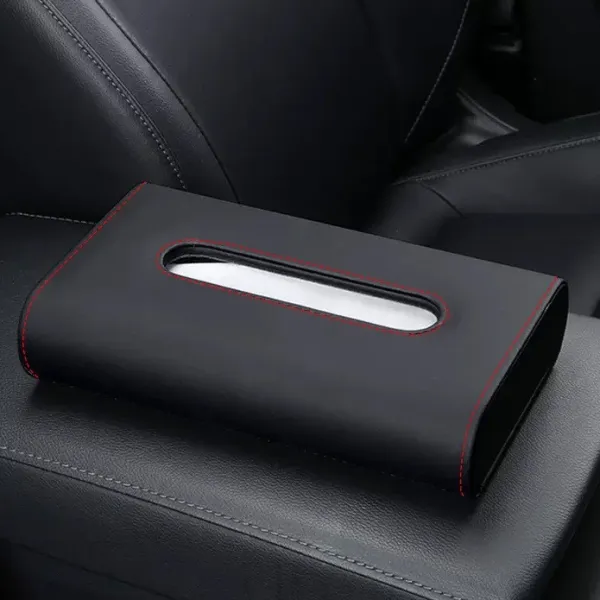 Design Car Tissue Box Holder Black with Red Stitching Automotive Accessory - 1