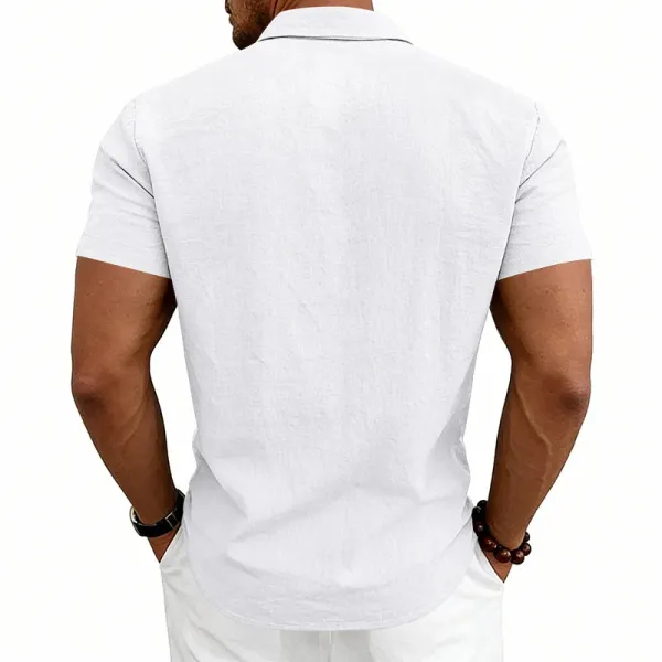 Design Short-Sleeve Linen Shirt Navy Blue Tops Shirt - 24