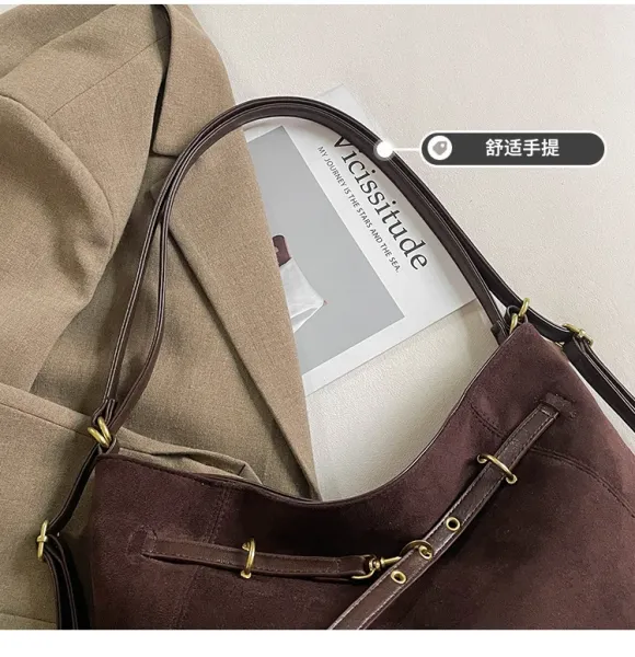 Design Suede Hobo Bag Black with Brown Leather Trim - 41