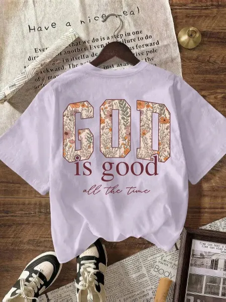 Design 'God Is Good' Floral Print Oversized T-Shirt White - 8
