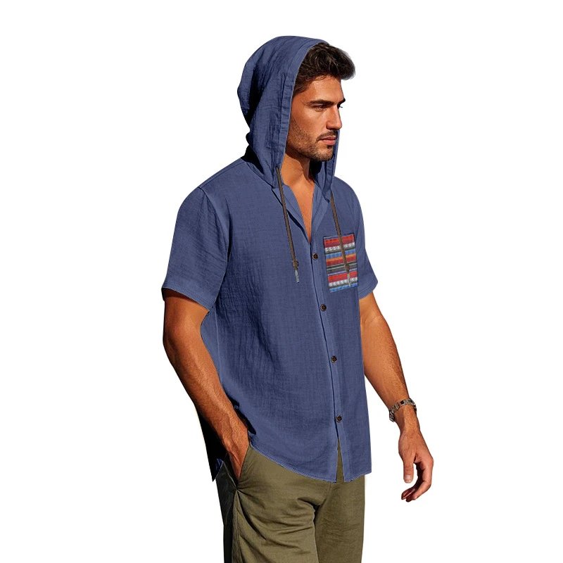 Design Hooded Button-Up Shirt Olive Green with Tribal Pocket Tops - 79