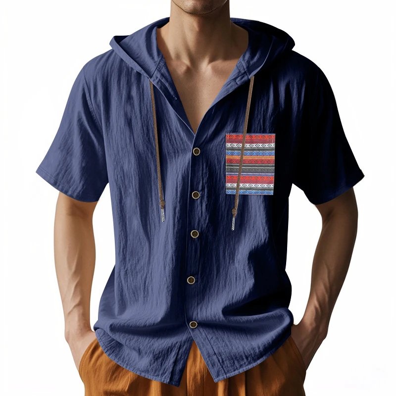 Design Hooded Button-Up Shirt Olive Green with Tribal Pocket Tops - 81