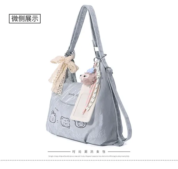 Design AIHITU STUDIO Cartoon Bear Print Silver Gray Hobo Bag - 13