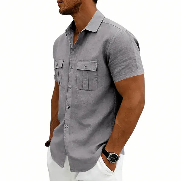 Design Short-Sleeve Linen Shirt Navy Blue Tops Shirt - 47