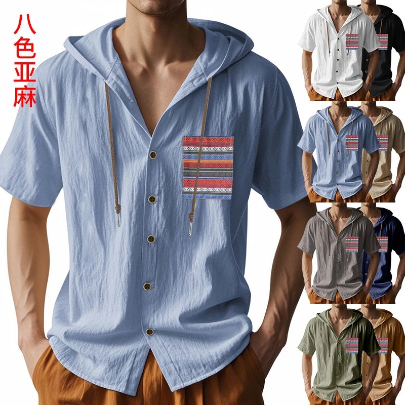 Design Hooded Button-Up Shirt Olive Green with Tribal Pocket Tops - 4