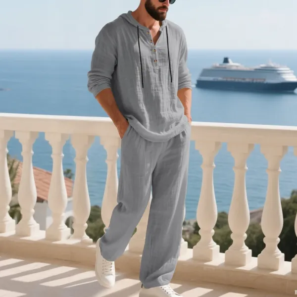 Design Linen Hooded Henley Set Beige Casual Set - 31