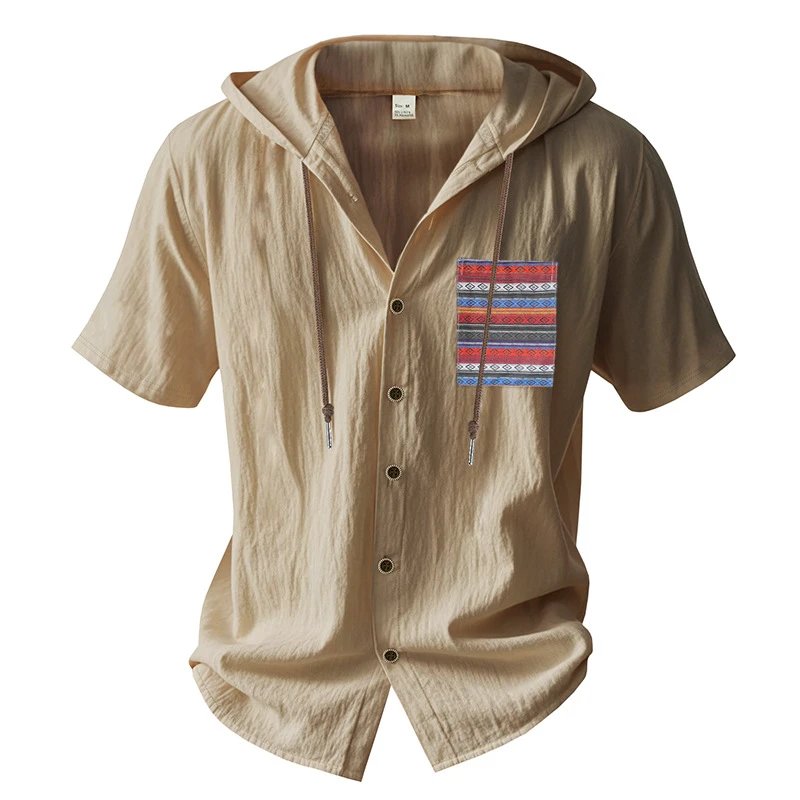 Design Hooded Button-Up Shirt Olive Green with Tribal Pocket Tops - 29