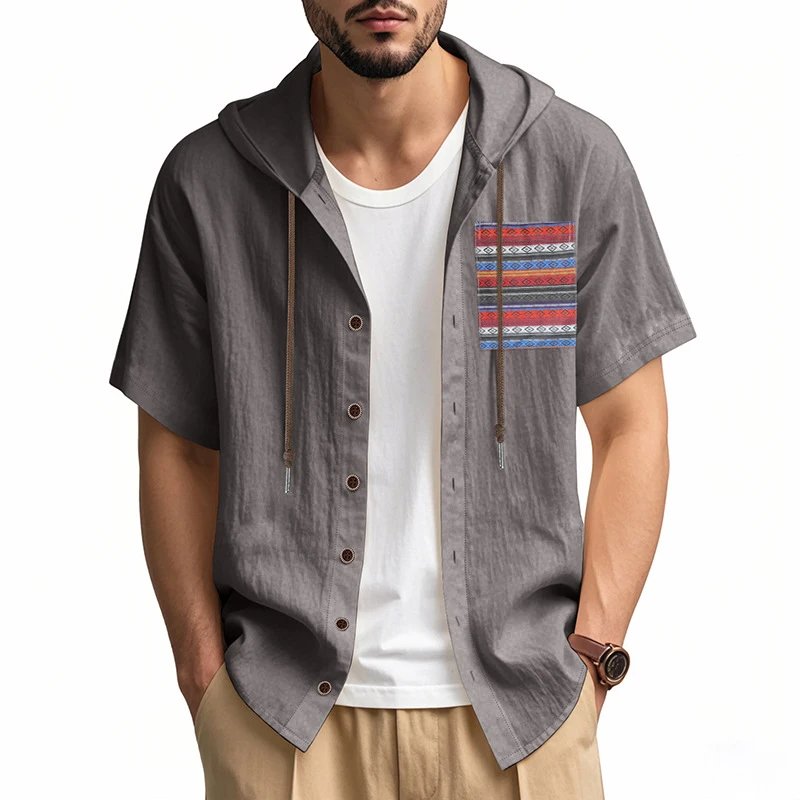 Design Hooded Button-Up Shirt Olive Green with Tribal Pocket Tops - 35