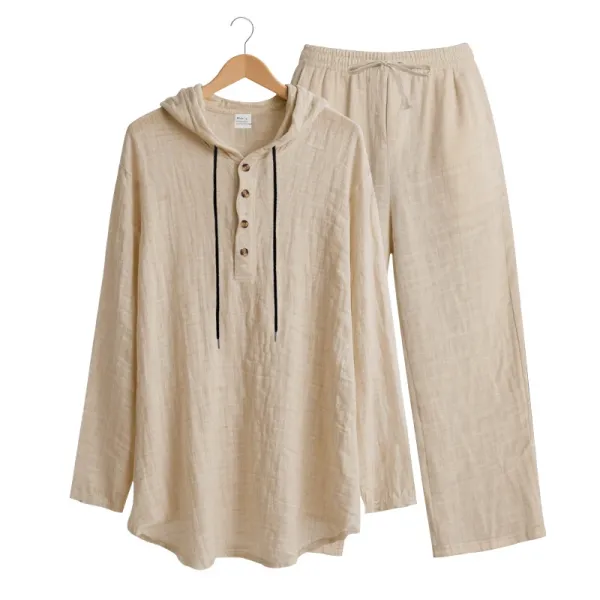Design Linen Hooded Henley Set Beige Casual Set - 53