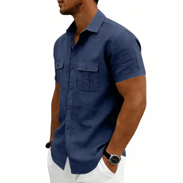 Design Short-Sleeve Linen Shirt Navy Blue Tops Shirt - 8