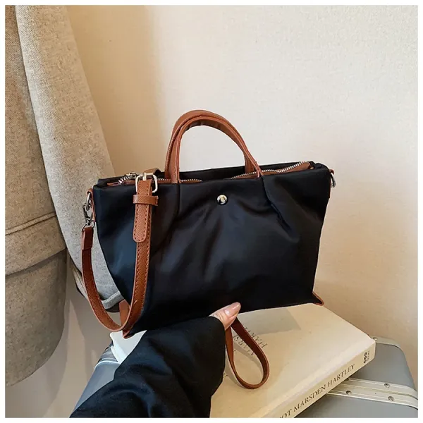Design Nylon Tote Bag with Brown Leather Trim Black Handbag - 1