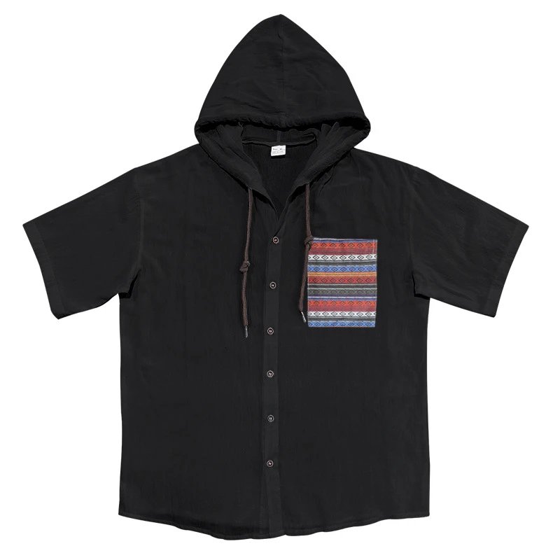 Design Hooded Button-Up Shirt Olive Green with Tribal Pocket Tops - 63