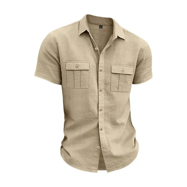 Design Short-Sleeve Linen Shirt Navy Blue Tops Shirt - 18