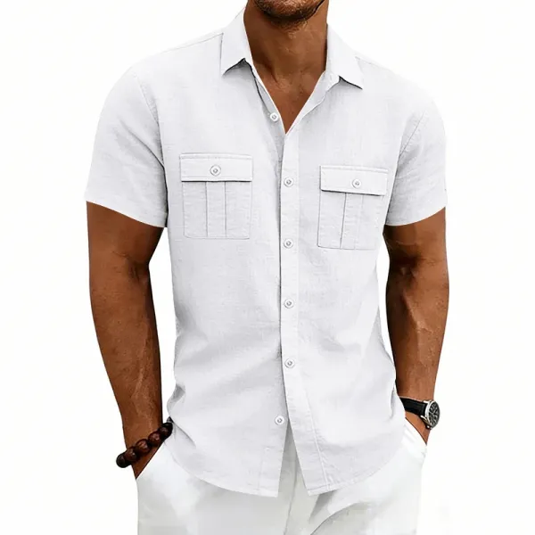 Design Short-Sleeve Linen Shirt Navy Blue Tops Shirt - 21