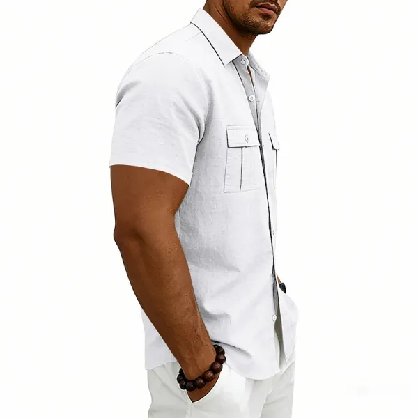 Design Short-Sleeve Linen Shirt Navy Blue Tops Shirt - 23