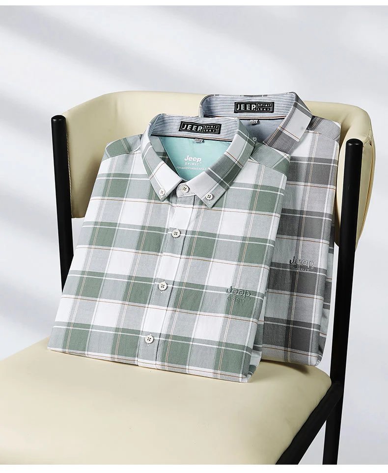 Design Short-Sleeve Button-Up Shirt Green and Gray Plaid - 10