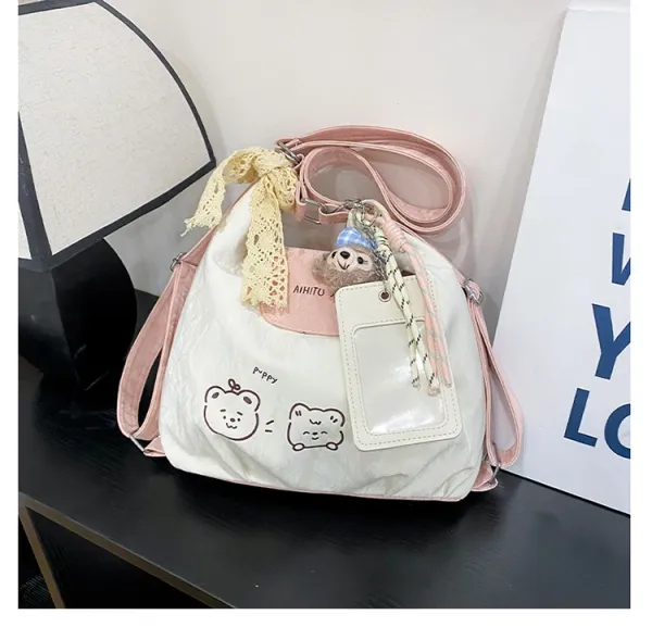 Design AIHITU STUDIO Cartoon Bear Print Silver Gray Hobo Bag - 38