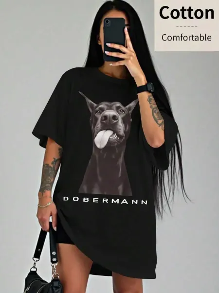 Design Dobermann Graphic Print Oversized T-Shirt Pink T-Shirts - 7