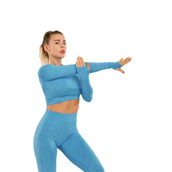 Design Mint Green Textured Long-Sleeve Cropped Top and High-Waisted Leggings Set - 5