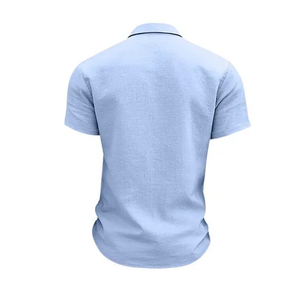 Design Short-Sleeve Linen Shirt Navy Blue Tops Shirt - 38