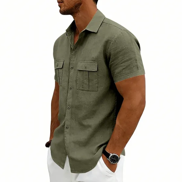 Design Short-Sleeve Linen Shirt Navy Blue Tops Shirt - 41