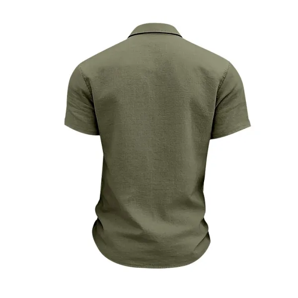 Design Short-Sleeve Linen Shirt Navy Blue Tops Shirt - 44