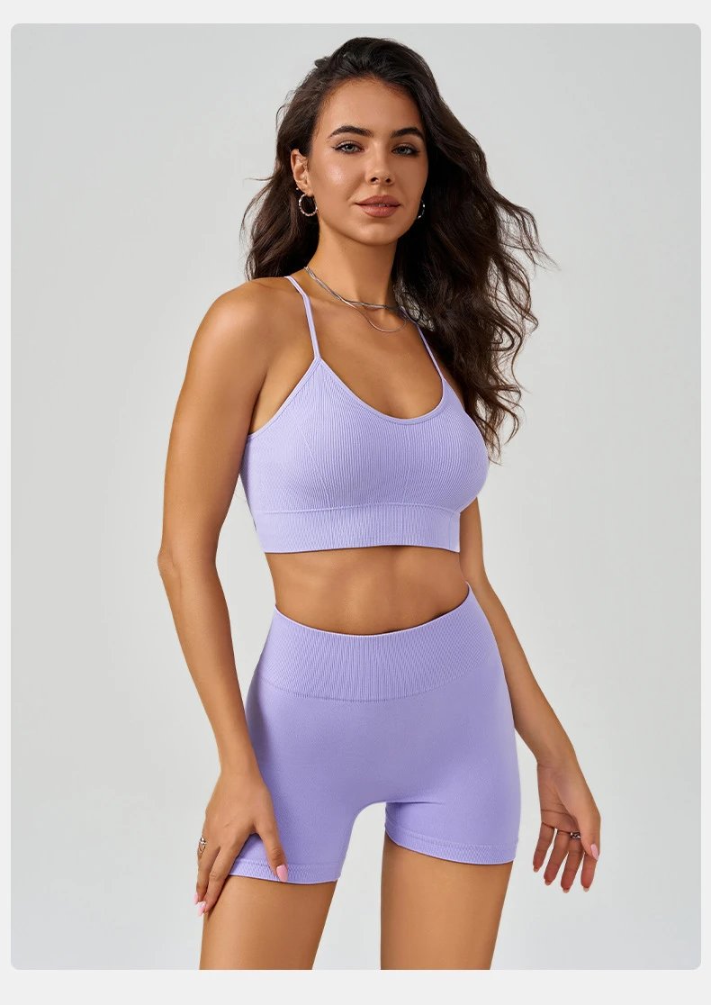 Design Ribbed Sports Bra and High-Waist Bike Shorts Set in Dusty Pink Activewear - 14