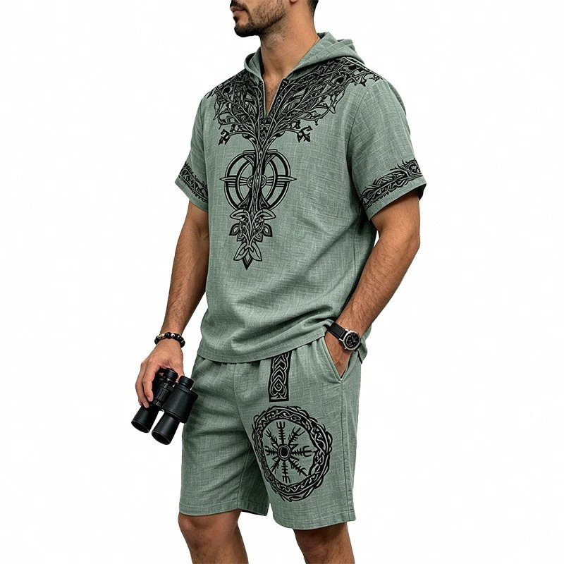 Men's Bamboo Linen Viking Print Hoodie and Shorts Set photo 7