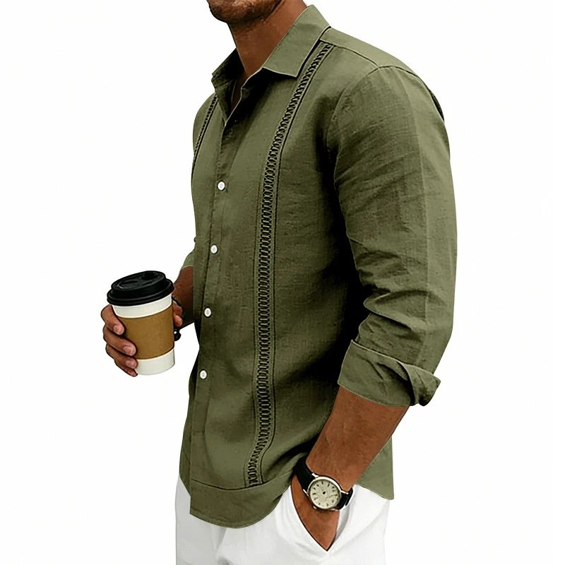 Design Guayabera-Style Shirt Army Green Shirt Tops Shirt - 7