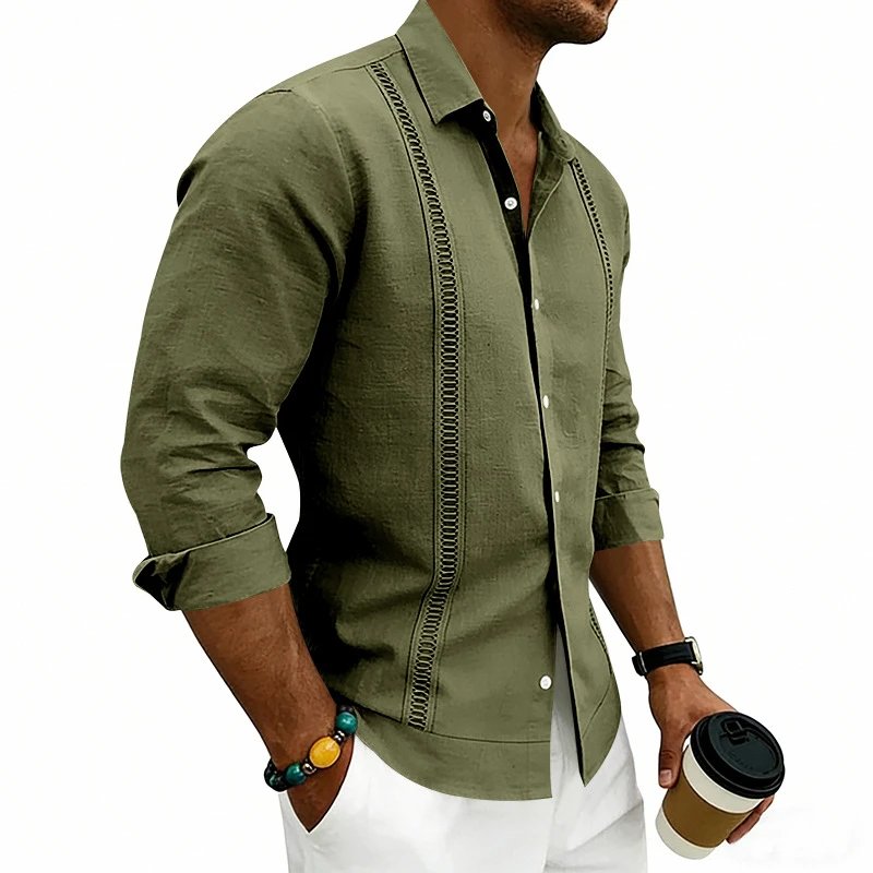 Design Guayabera-Style Shirt Army Green Shirt Tops Shirt - 8
