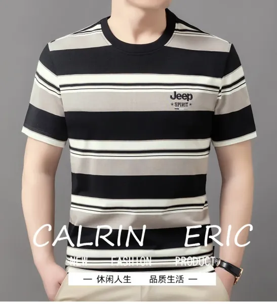 Design Jeep Spirit Striped Crewneck T-Shirt Army Green Beige T-Shirts - 8