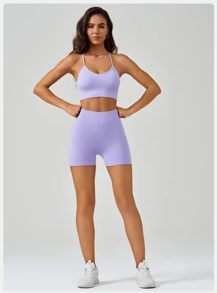 Design Ribbed Sports Bra and High-Waist Bike Shorts Set in Dusty Pink Activewear - 16