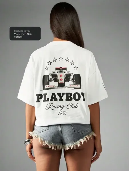 Design Playboy Racing Club Graphic Cropped T-Shirt White T-Shirts - 13