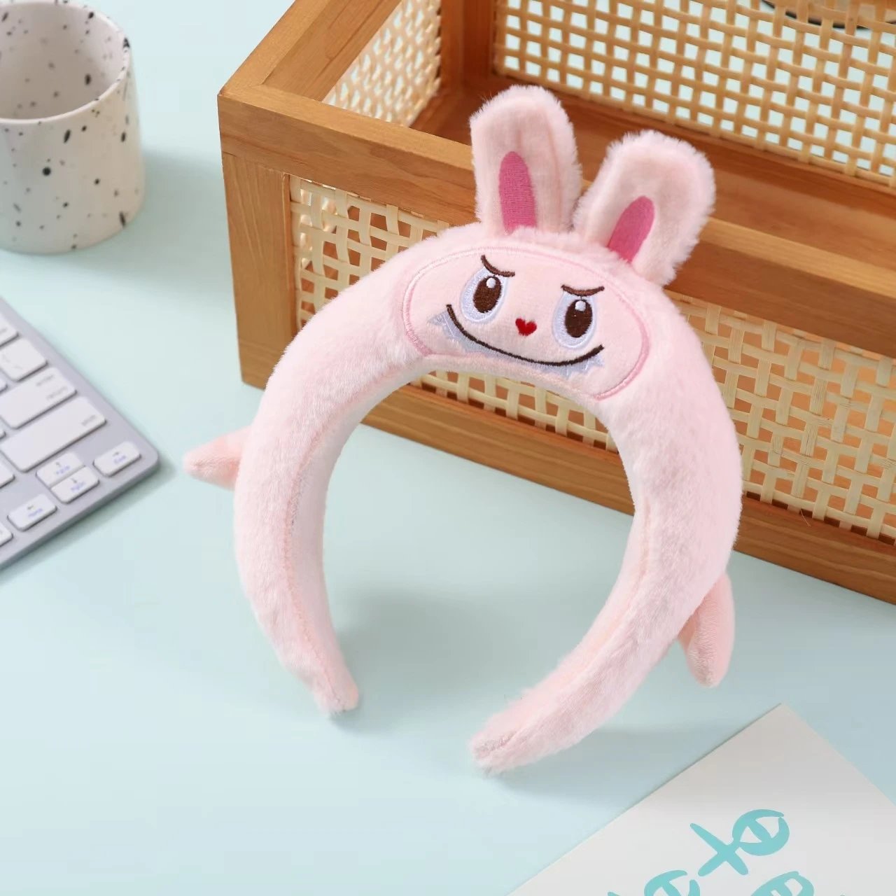 Design Pink Bunny Ear Headband with Embroidered Angry Face Accessories