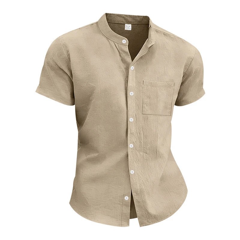 Design Mandarin Collar Short Sleeve Shirt Gray Tops Shirt - 28